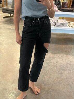 Agolde 90s Jean Black Washed Relaxed Jeans with thigh Rip sz 24